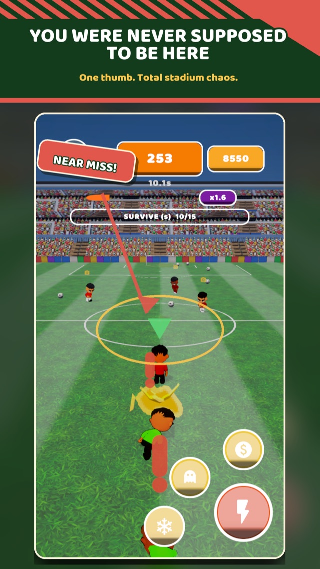 In-game action: the fan dodges a steward near the centre circle
